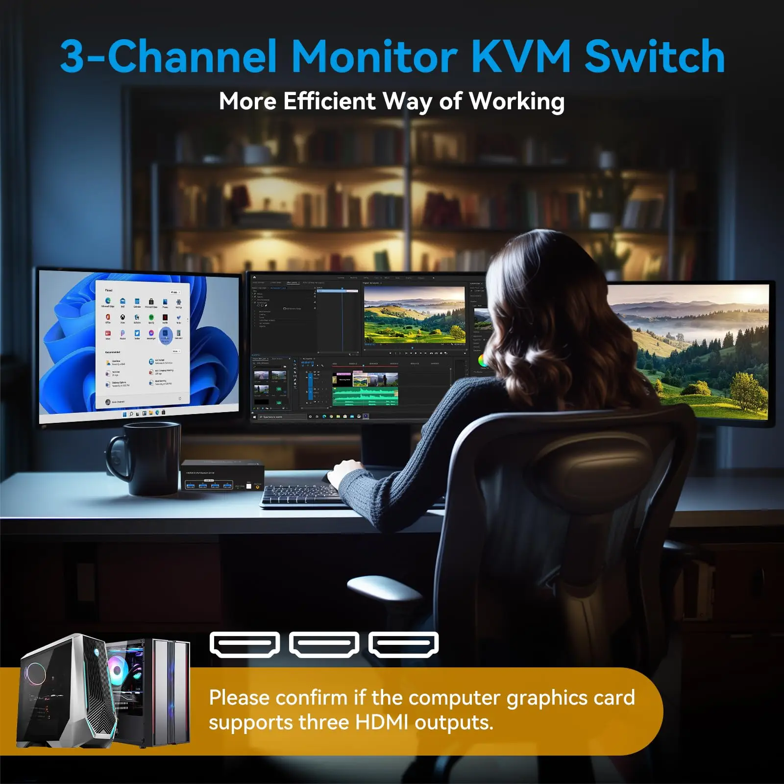 8K@60Hz Triple HDMI USB 3.0 KVM Switch 3 Monitors 2 Computers 4K 120Hz 2x3 Triple 4 USB Port Monitor KVM Keyboard Mouse Switcher