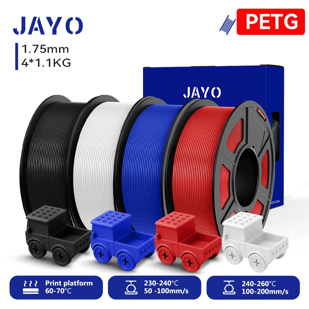 JAYO 4 Rollen 3D PETG/PETG klares Druckerfilament 1,75 mm, ordentlich gewickelt, ungiftige 3D-Druckmaterialien für 99 % FDM-3D-Drucker und -Stifte