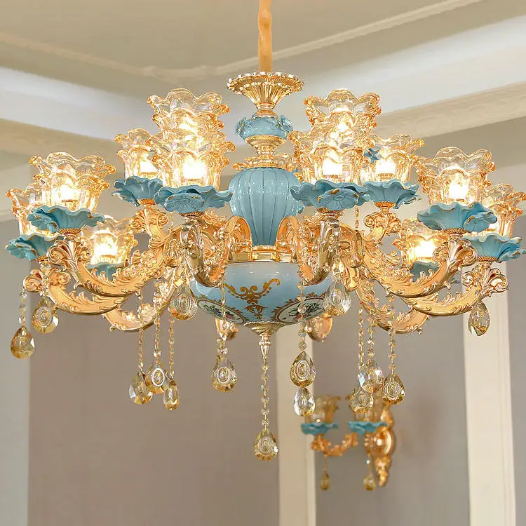 Luxury atmospheric lake blue design European chandelier hotel lobby ceramic crystal lamp living room