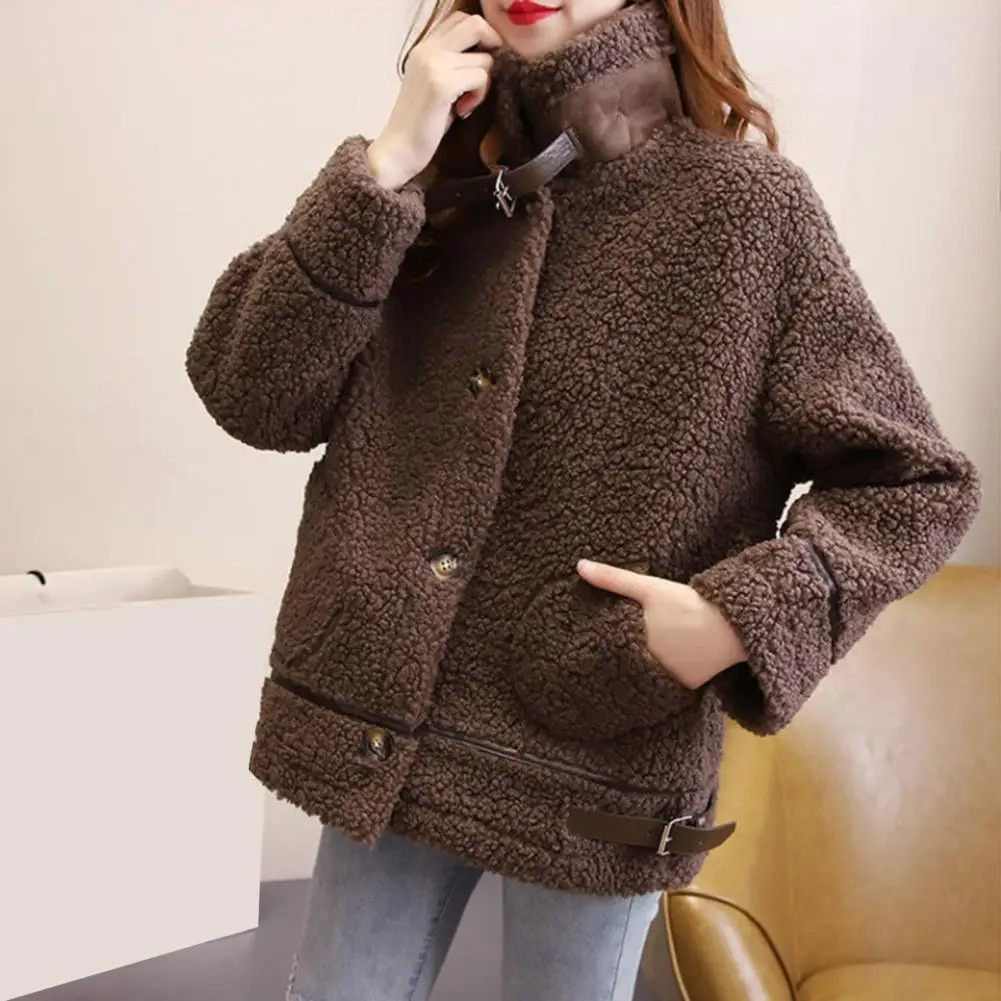 

Regular Fit Plush Coat Stylish Winter Women's Coat with Turn-down Collar Plush Pockets Belt Decor Stay Warm Fashionable for Cold