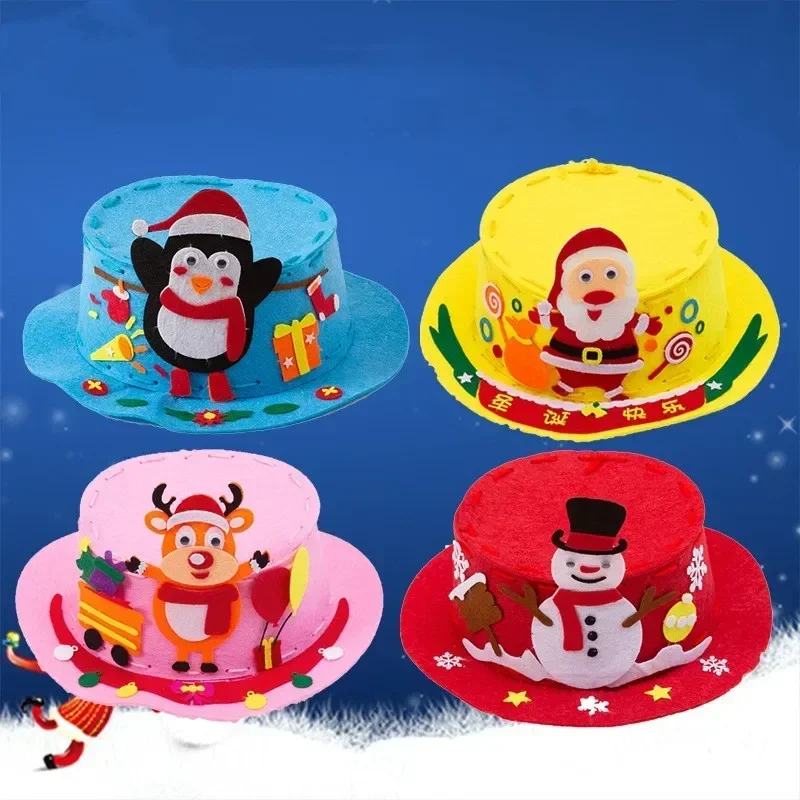 DIY Christmas Cap Decoration Children Handmade Non-Woven Hat Craft Kits Toys for Kids Kindergarten Educational Toys Xmas Gifts