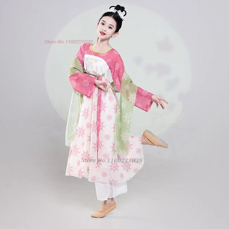 2025年中国風ヴィンテージ子供民族舞踊ドレス民族花柄プリントシフォン漢服ドレス+パンツセットステージパフォーマンスダンスドレス