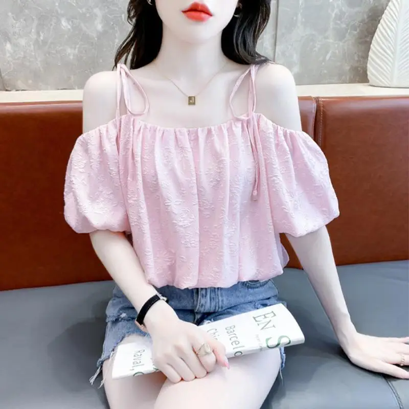 2024 New Summer Fashion England Sweet Slash Neck Solid Color Printed Bandage Loose Camissole Short Sleeve Women\'s Chiffon Tops