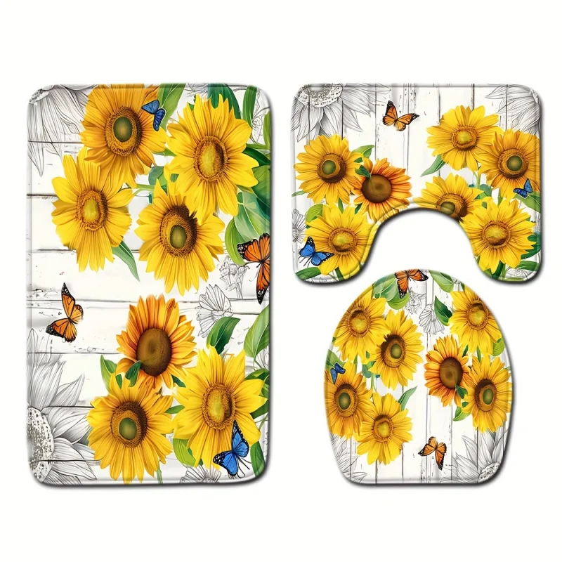 1/3PCs, sunflower bathroom set with butterfly accents, anti-slip bath mat, toilet lid cover and pedestal rug, wood board des