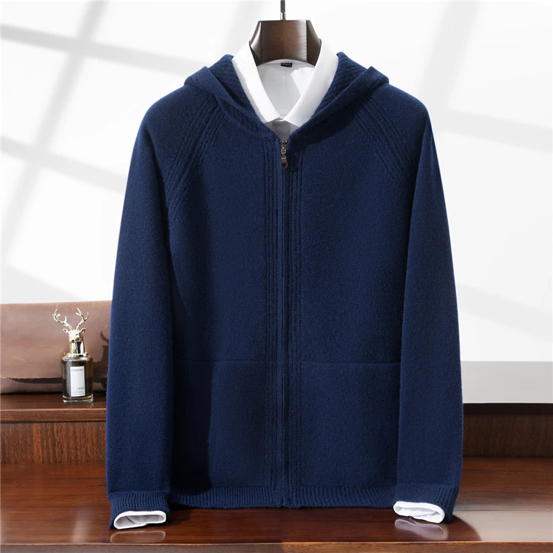 Men's Hooded Knit Sweater Autumn Winter New Cardigan Tops 100% Wool Slim Solid Color Sweatercoat Jacket