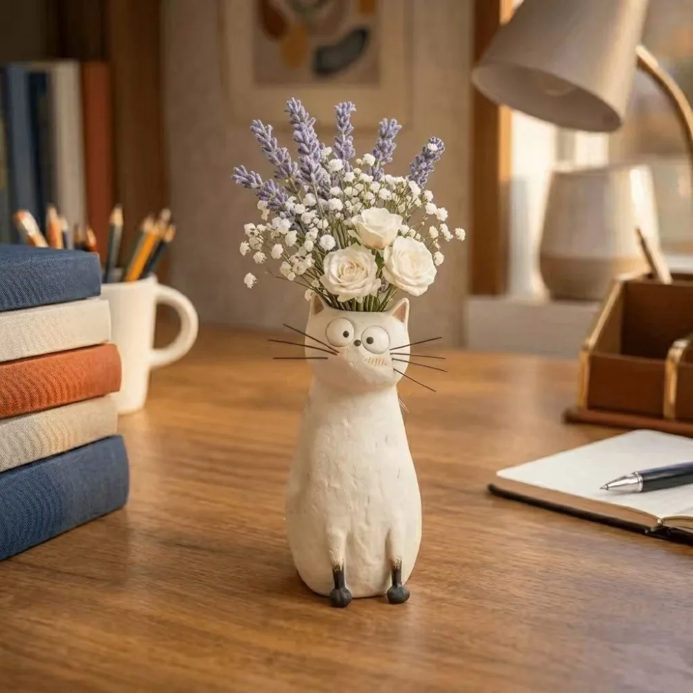 Funny Handcrafted Resin Cat Vase Quirky Boho Shelf Decor Kitty Planter Desk Ornament Whimsical Flower Vase for Small Flower