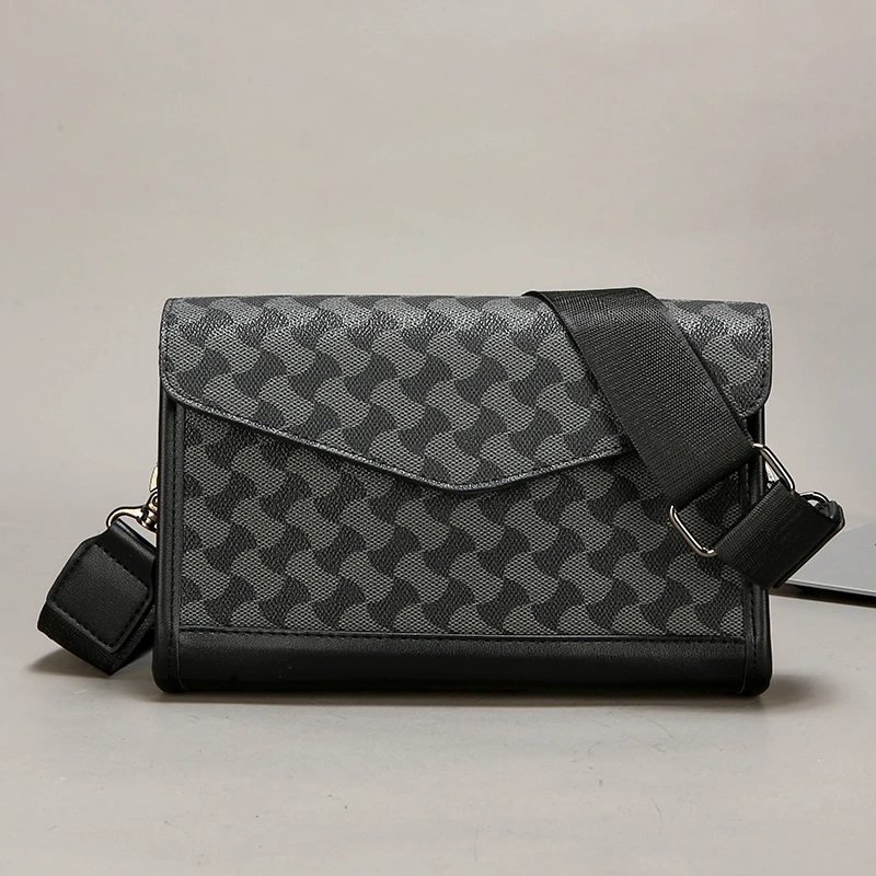 

New printed Shoulder Bag for Men Leather Messenger Bag Wide Strap Crossbody Bags Square Plaid Male Sling Bag sacoches hommes