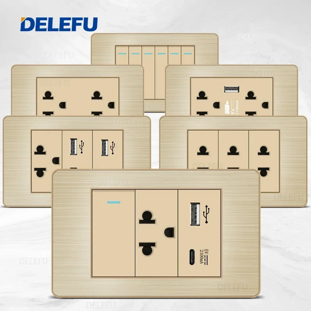 DELEFU Stainless Steel Gold Panel Thailand Switch Socket Computer USB Type C Wall Power Socket