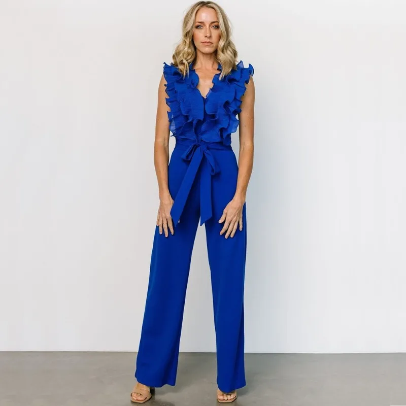 

KEXU Fashion V-neck Sashes Ruffles Straight Jumpsuit 2025 Women Summer Street Sexy Vacation Party One Piece Overall Romper
