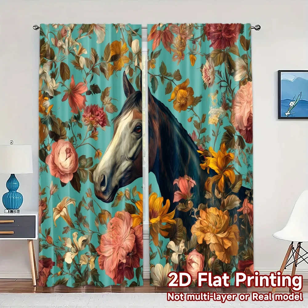 2pcs, 2D FLAT PRINTING Curtains (Without Rod) Horse in Bloom Chic Curtain Chic Durable Polyester Curtains Room Decor for Living