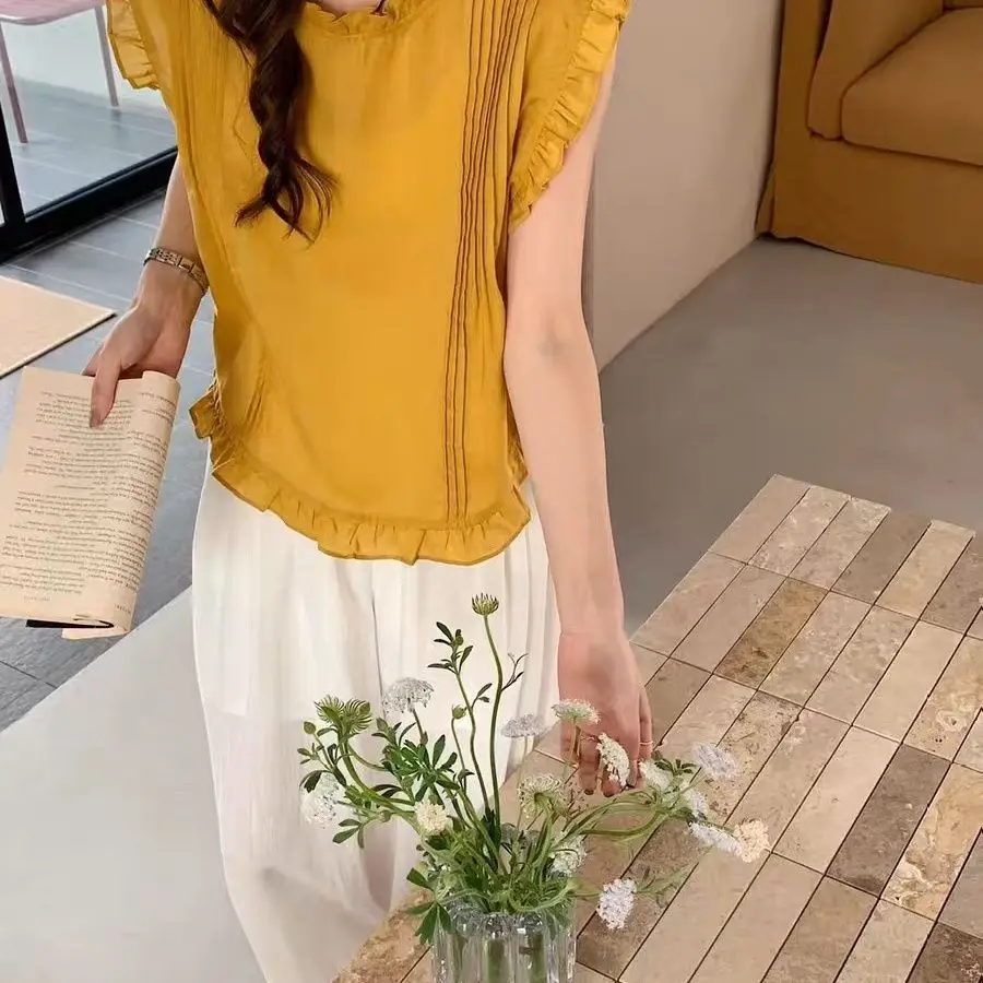 Koreańska bluzka Sle Wood ain Svel irt, damska, wyszczuplająca, modna, letnia, nowość, top, trendy, casualowa.