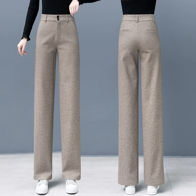 

High Waist Wide Leg Pants Women's Autumn Winter 2024 New Style Woolen Casual Pants Slim Straight Long Trousers