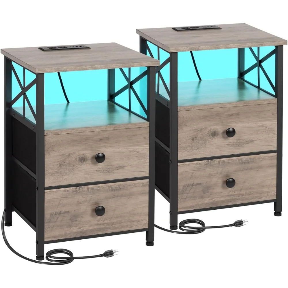 LED Nightstands Set of 2, End Tables Living Room with Fast Charging Station, Modern Side Table with USB C Port and Outlet