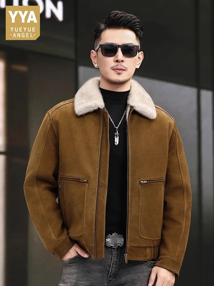 Luxury Winter Men Warm Real Mink Fur Lining Natural Suede Leather Jacket Slim Fit Thick Business Work Coat Top Quality Overcoat