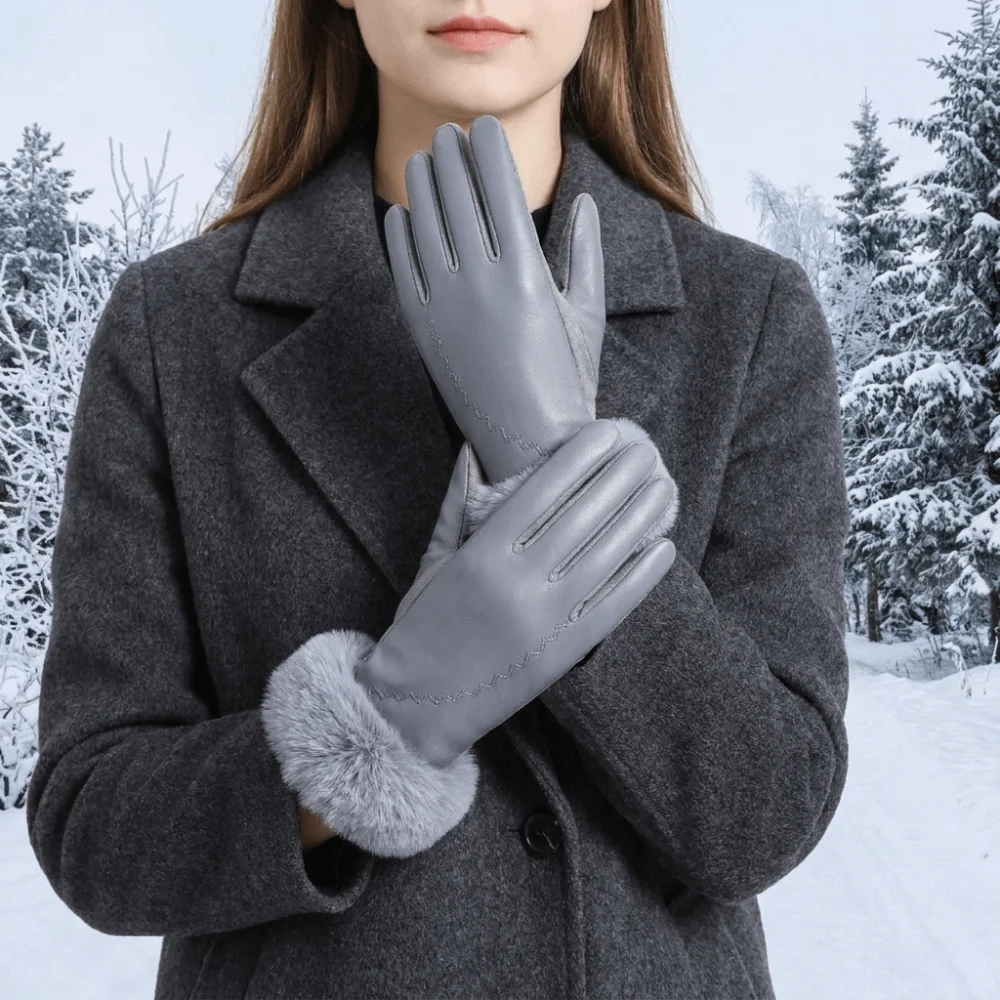 Luxury Fleece Lined Leather Gloves Fur Cuff Anti-splash Water Winter Mittens Soft Texture Solid Color Touchscreen Gloves Outdoor