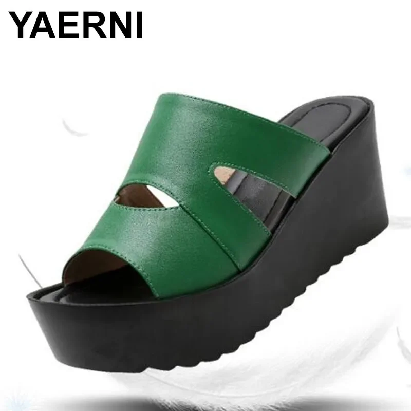 YAERNI  New Stylish Summer Leather Slippers Women Casual Sandals Comfortable Non-slip Platform Shoes Woman Wedge Sandals Slipper