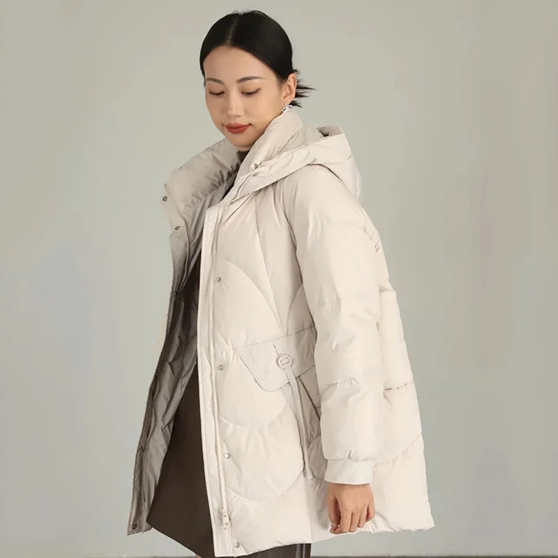 Schinteon-Chaqueta de plumón con capucha para mujer, prendas de vestir gruesas y cálidas, abrigo informal holgado de talla grande con plumón de pato blanco, novedad de 2024