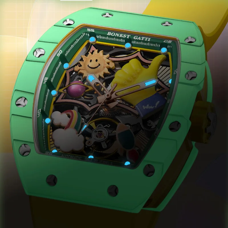 BONEST GATTI Men Automatic Watch 52mm Tonneau Mechanical Wristwatch Carbon Fiber Bezel Sapphire Mirror Luminous 3D Cartoon Dial