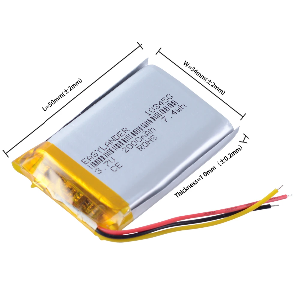 3Wries 3,7V 2000mAh 103450    Lipo wiederaufladbarer Lithium-Li-Ionen-Polymer-Akku für Navigator DVR GPS Kamera PS4