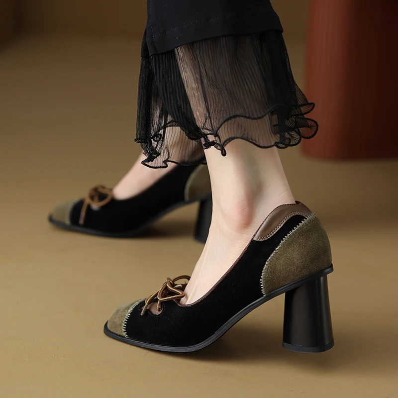 2023 New Women Pumps Mature Retro Butterfly Knot Kid Suede Leather Thick Heels Square Toe Office Dress Shoes Woman Spring Autumn