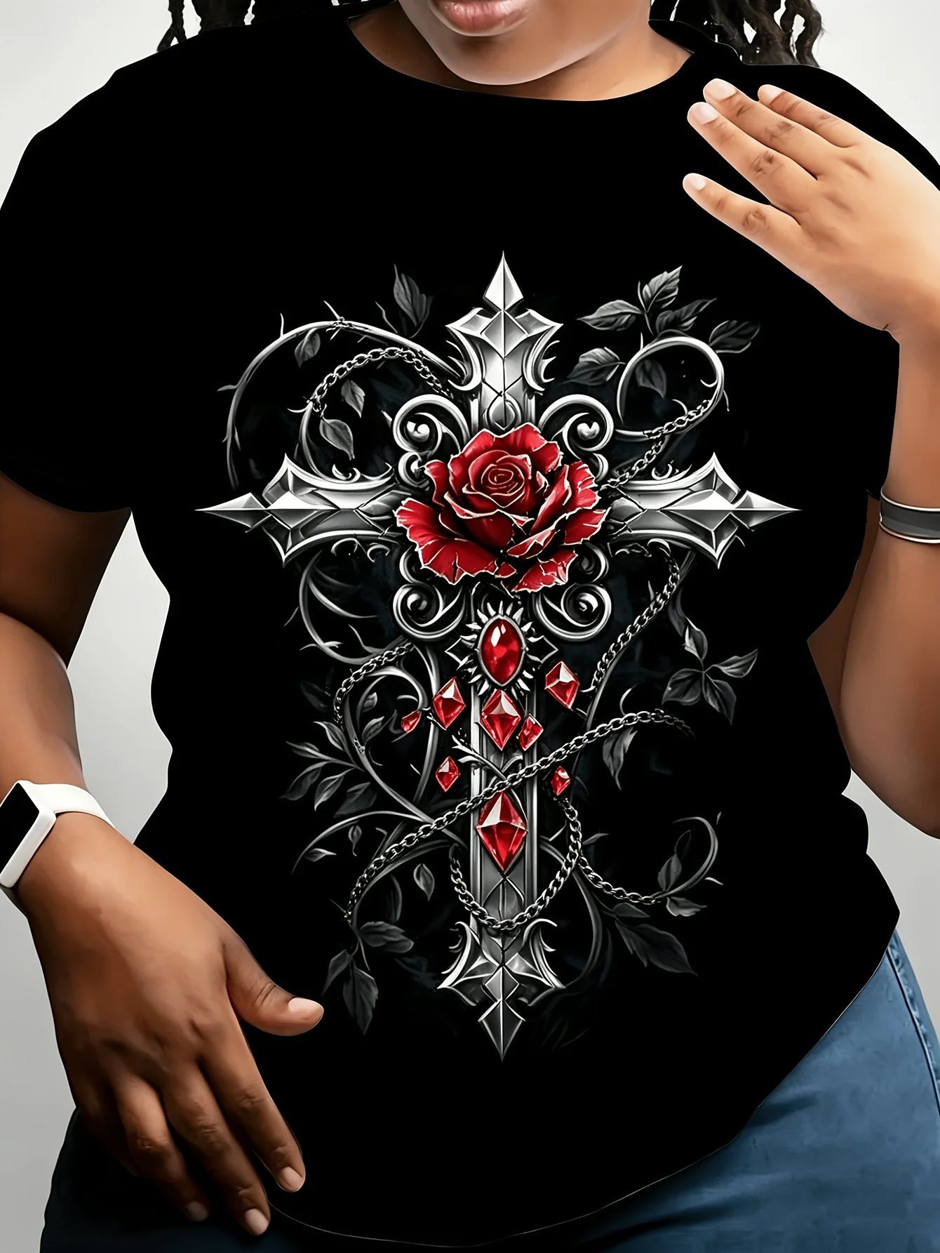Plus Size Women's Cotton Gothic T-Shirt with Dark Rose Cross Print - Gorgeous Design in Black and Red Roses. This Casual Top Features A Crew Neck Short Sleeve Design with Vintage Street Style and Gothic Elements.