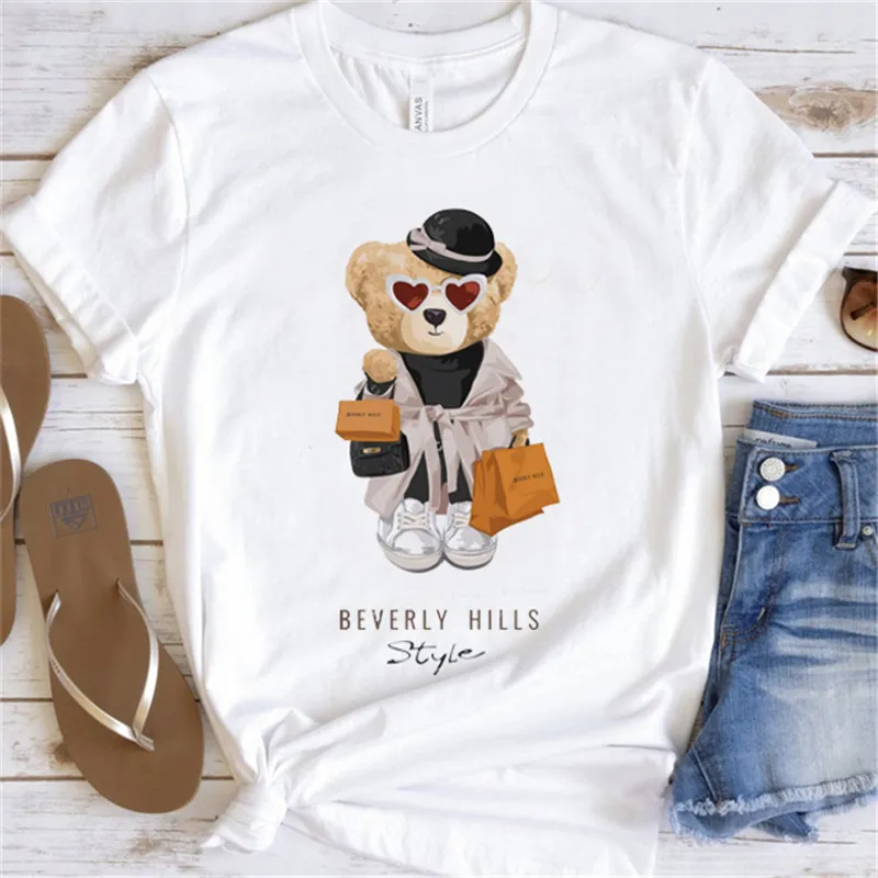 Fashion Graphic T-shirt Women Cute Bear Short-sleeved Clothes Women Print T-shirt Summer 90\'s Fashion Style Women T-shirt