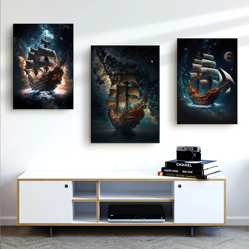 Surrealism Space Boat Posters Landscape Canvas Prints Wall Art Pirate Ship Canvas Painting Boats Poster Mural Decoration Picture