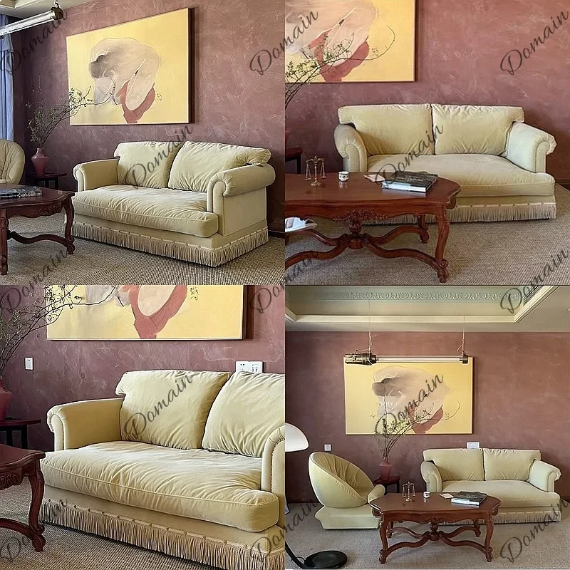 French cloud straight row fabric velvet double sofa yellow and white down can be dismantled and washed package feeling