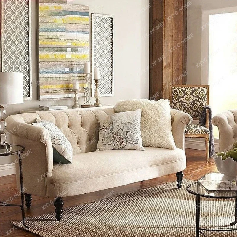 A  American Rural Combination Single And Double Fabric Sofa All Solid Wood Custom Furniture