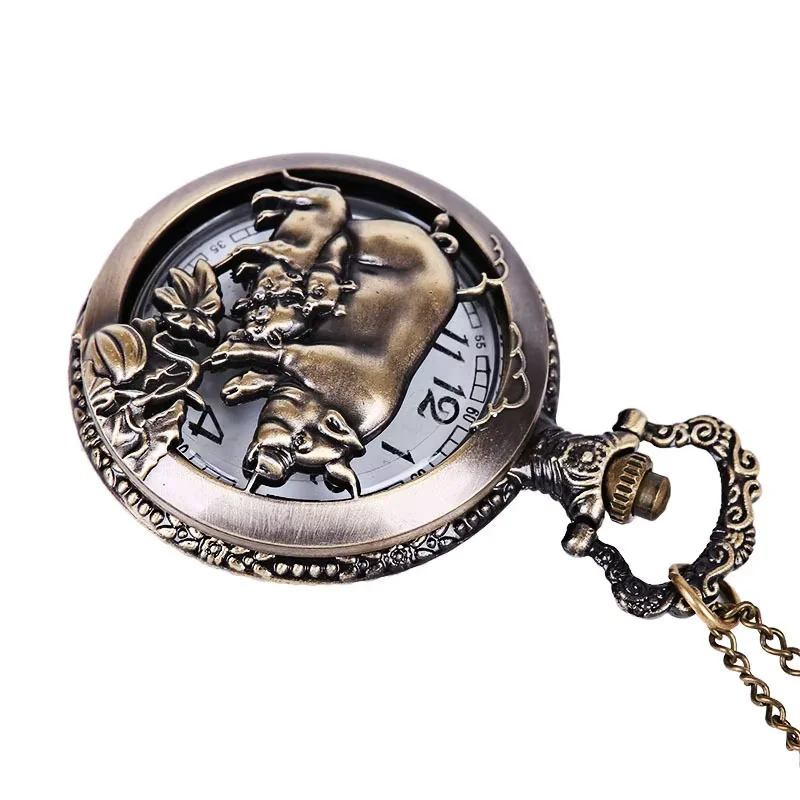 Bronze vintage exquisite embossed hollow classic pocket watch Large embossed three pig classic style pocket watch