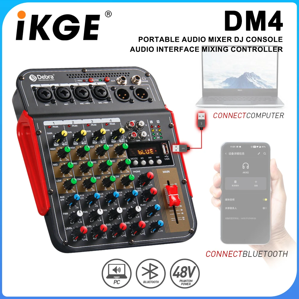 

DM4 6-channel audio mixer, DJ console with 48V phantom, Bluetooth, USB to PC recording and playback for karaoke, outdoor parties