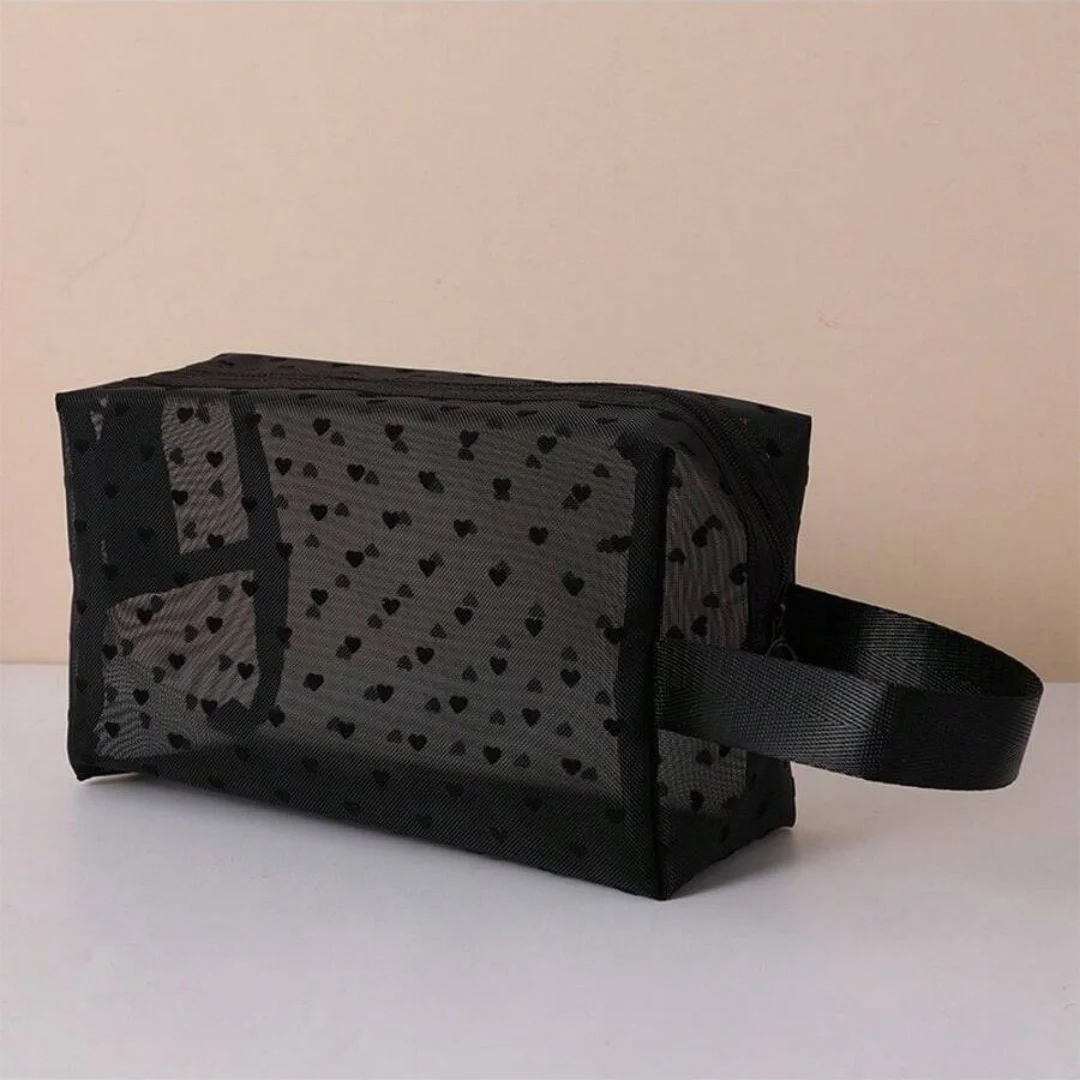 Zestaw 3 kosmetyczek z siatki, pluszowa torba do przechowywania w kształcie serca, przenośna torba podróżna do pielęgnacji, kompaktowy organizer na kosmetyki na podróż służbową.