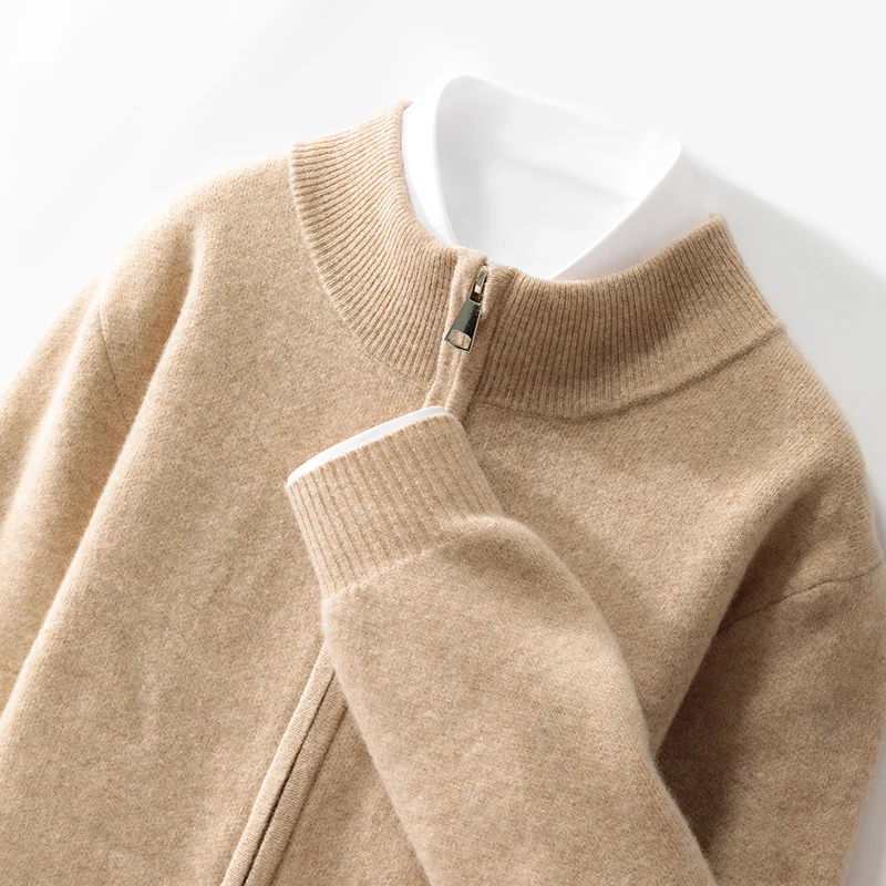 Fall/Winter 100% Pure Wool Zipper Cardigan Men's Semi-High Collar Solid Color Thick Coat Loose Cashmere Sweater Outside