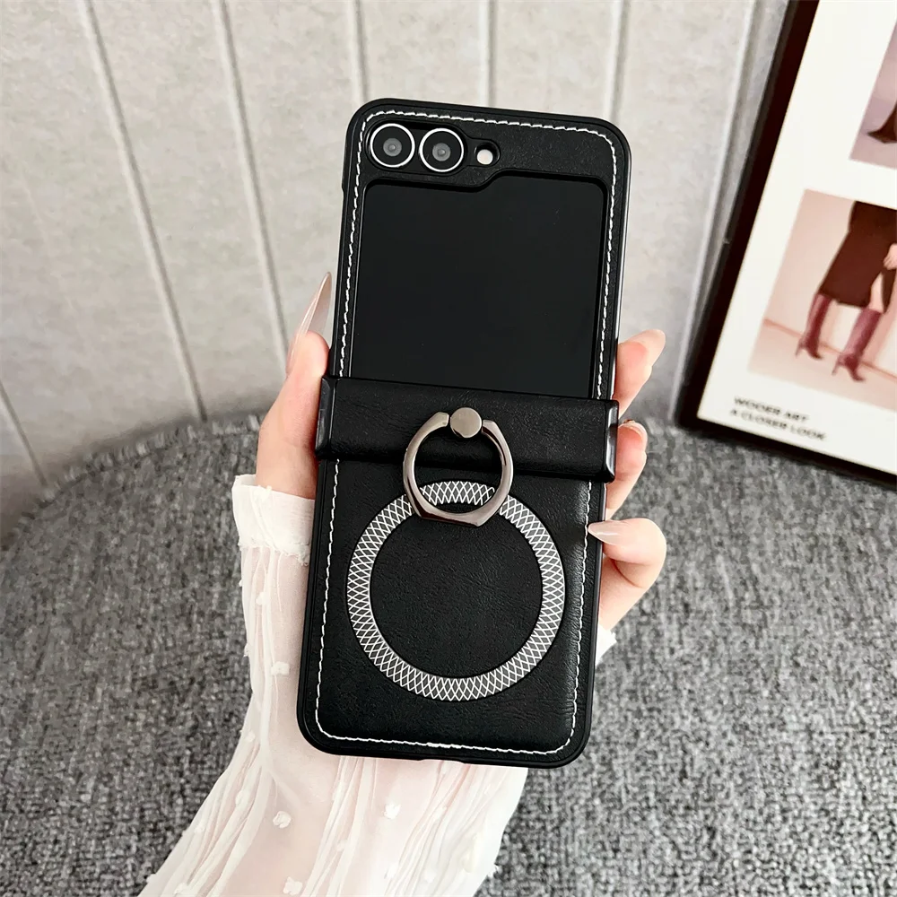 Frosted Leather Ring Holder Magsafe Magnetic Phone Case for Samsung Galaxy Z Flip 7 6 5 4 3 Flip7 FE Flip6 Wireless Charge Cover