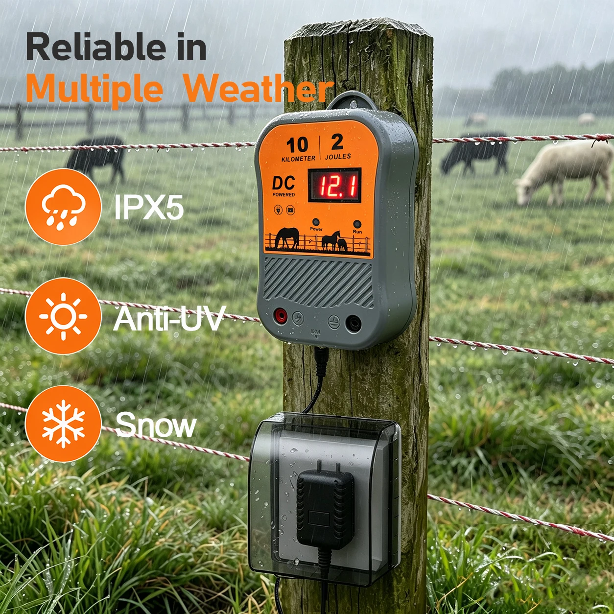 Electric Fence Energizer with Digital Display 10KM 2J Waterproof Livestock Farm Fence Pulse Energiser Charger for Horses Cattle