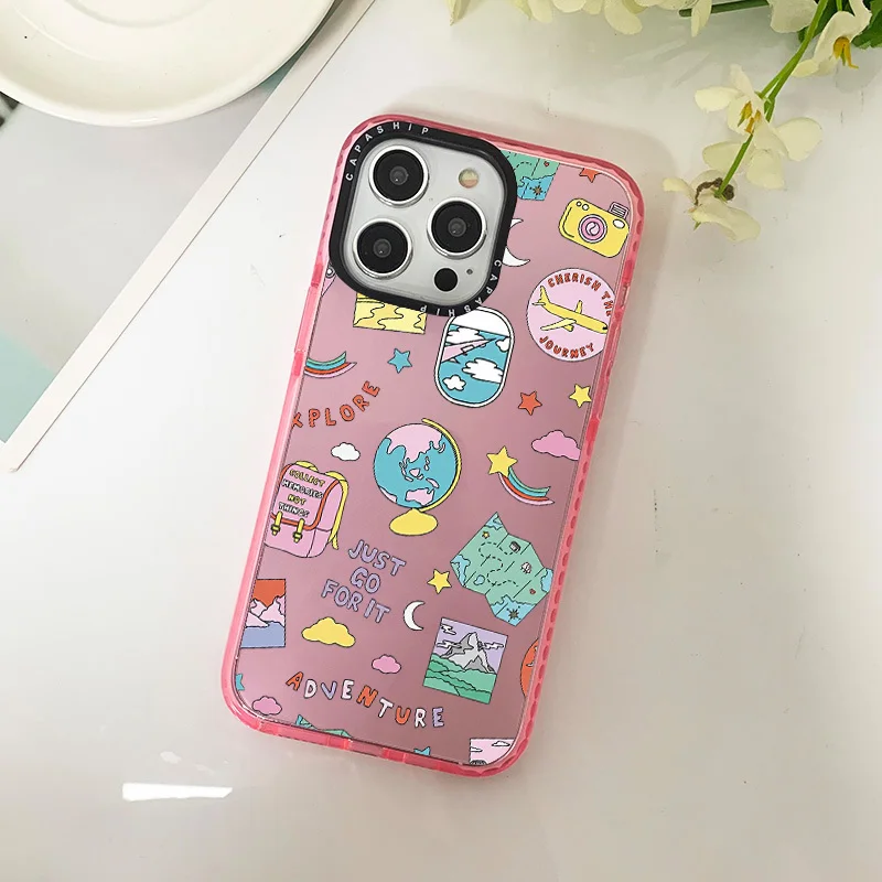 Ins Globe Airplane Sticker Clear Case For Iphone 11 14 15 Pro Max Silicone Soft 12 13 Mini 7 Plus X XR XS Max Shockproof Cover