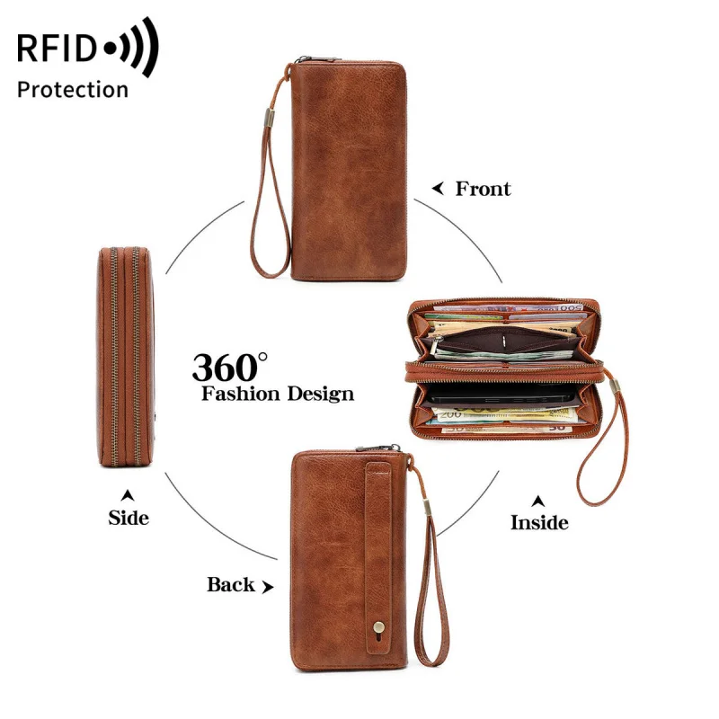 Western Multi Functional Anti-theft Brush PU Leather Women Wallet Fashion Double Zipper Large Capacity Purse for Ladies