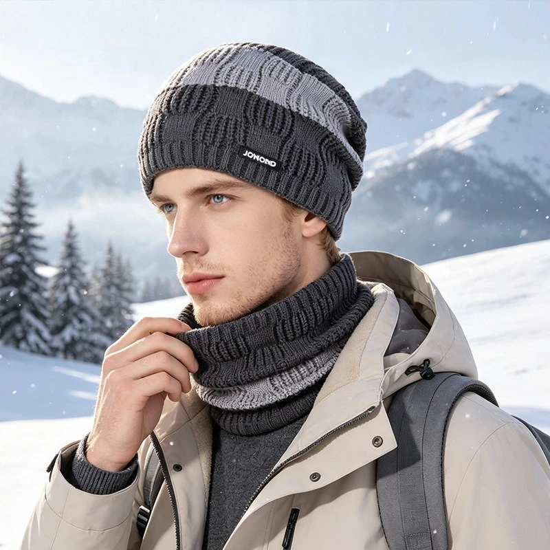 Winter Outdoor Warm Knit Beanie Hat, Unisex Two‑Tone Fleece Lined Ear Flap Skull Cap, Hat & Neck Warmer Scarf Set for Men Women