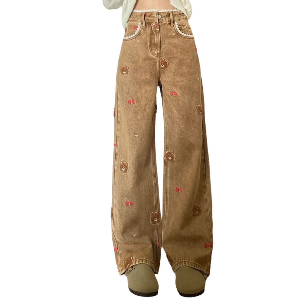 

Модные широкие джинсы с высокой талией, свободные брюки с кружевной вышивкой медведя, повседневные универсальные женские джинсы для девочек