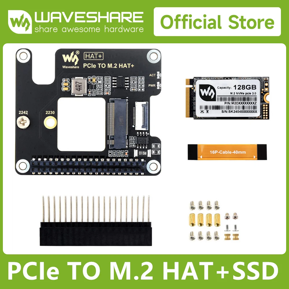 Waveshare PCIe To M.2 Adapter for Raspberry Pi 5, Supports NVMe Protocol M.2 Solid State Drive, Options for 128GB/256GB SSD