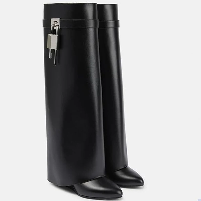 

Brand Women Retro Knee High Boots Shark Lock Wedge High Heel Motorcycle Trousers Boots Round Toe Big Size Long Boots Botas Mujer