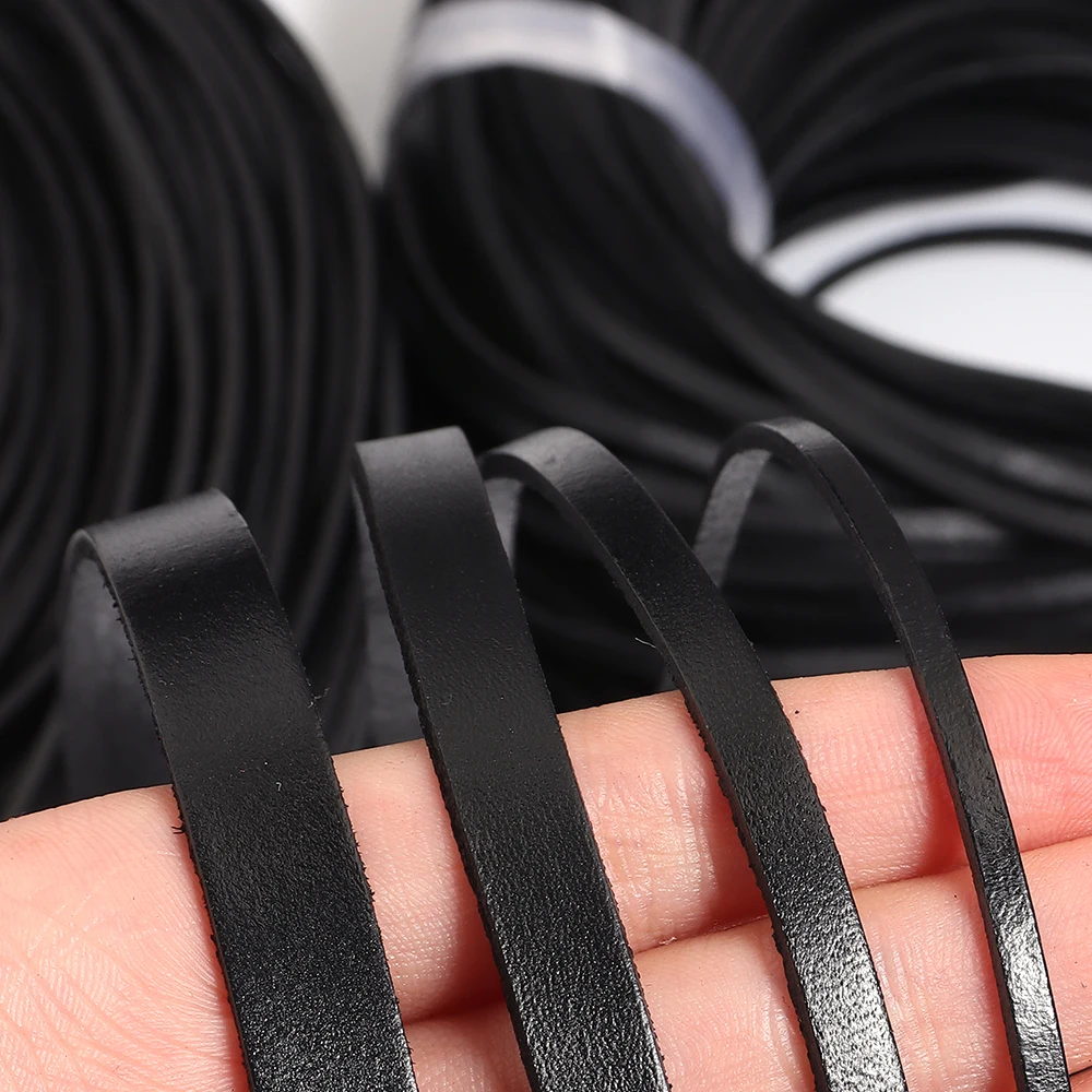 2-5 Yards echtes Rindslederband, Retro-schwarzes flaches Lederband für DIY-Schmuckherstellung, Halsketten, Armbänder, Zubehör