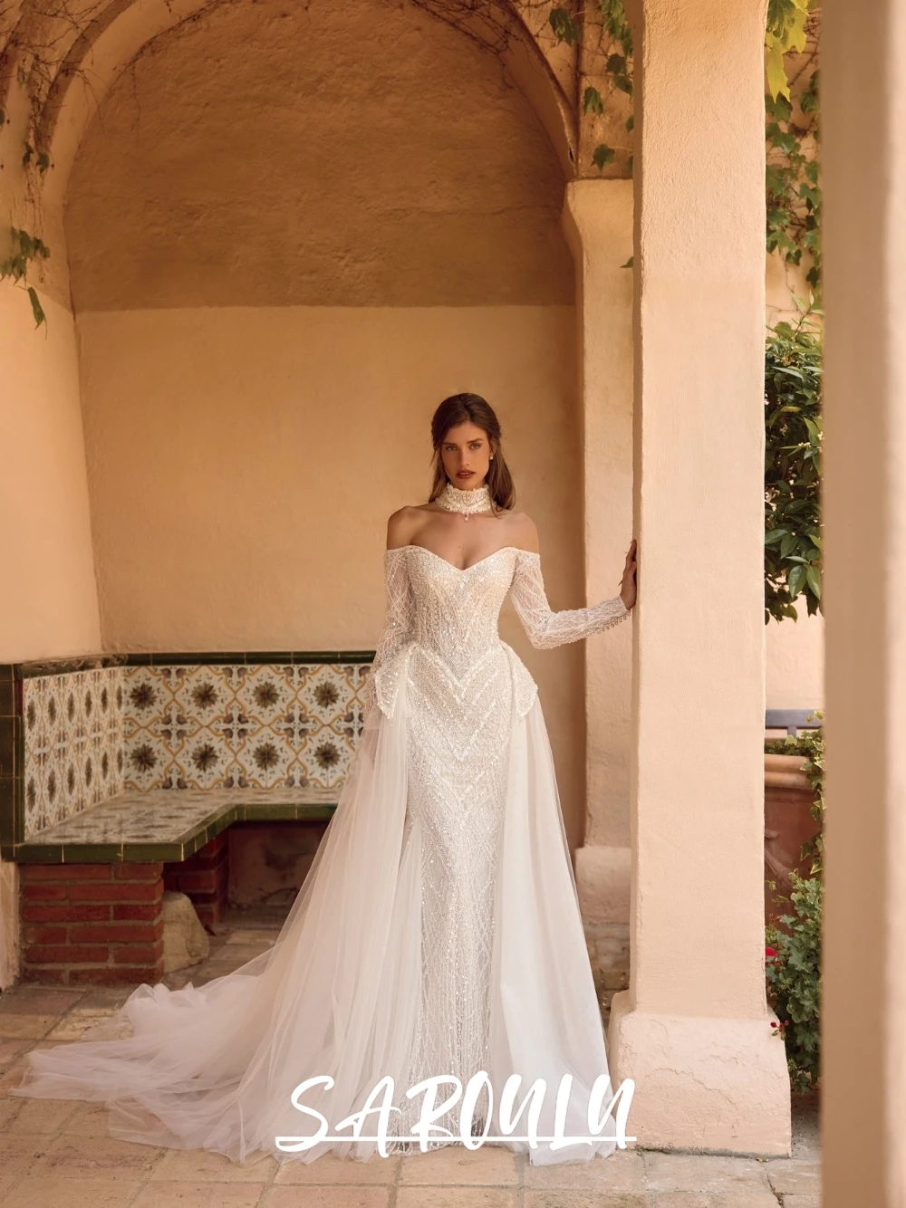 Elegant Off‑the‑Shoulder Mermaid Wedding Dress With Detachable Train Sparkly Glam Beaded Sequins Lace Customized Bridal Gown