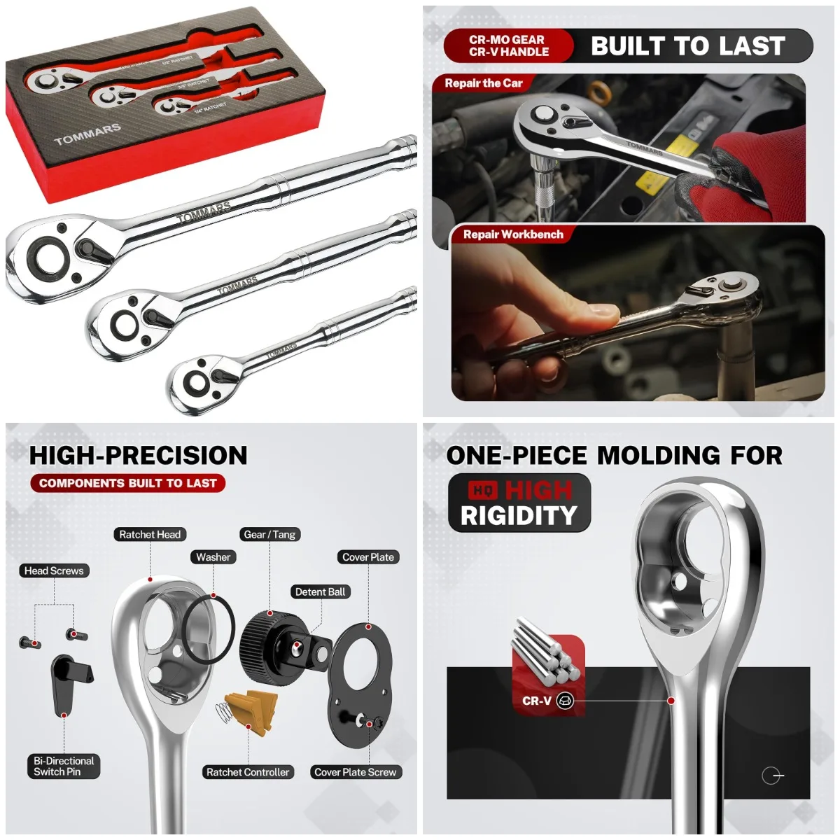 

Ratchet Set 1/4' 3/8' 1/2' Drive Ratchet Socket Wrench Kit 72-Tooth Quick-Release Reversible, Cr-V Alloy Steel