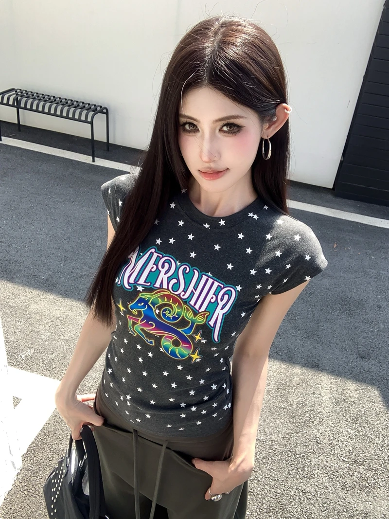 

Retro American Star Print round Neck Short Sleeve T-Shirt Summer Slim Fit Casual Versatile Top for Young Women City Walk