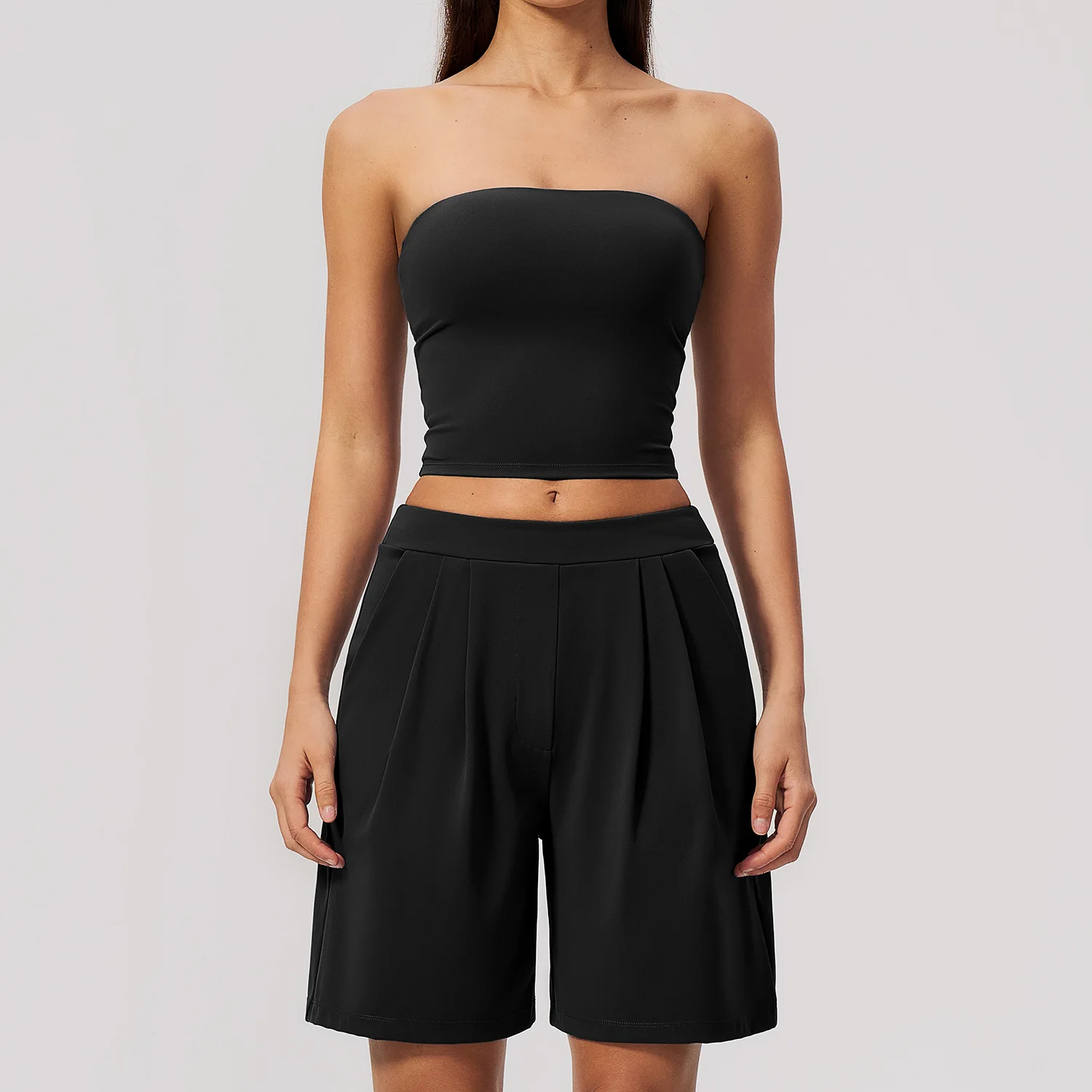 Fitness Suit Women's Yoga Set 2PCS Running Workout Clothing Gym Tracksuit Outfits Sportswear Strapless Crop Top Pleated Shorts