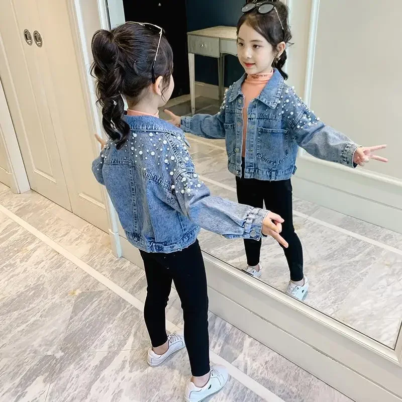 

Autumn Turn Down Collar Loose Short Coat Baby Single-breasted Jeans Jackets XMP45 Pearls Long Sleeve Crop Jacket Girls 2025