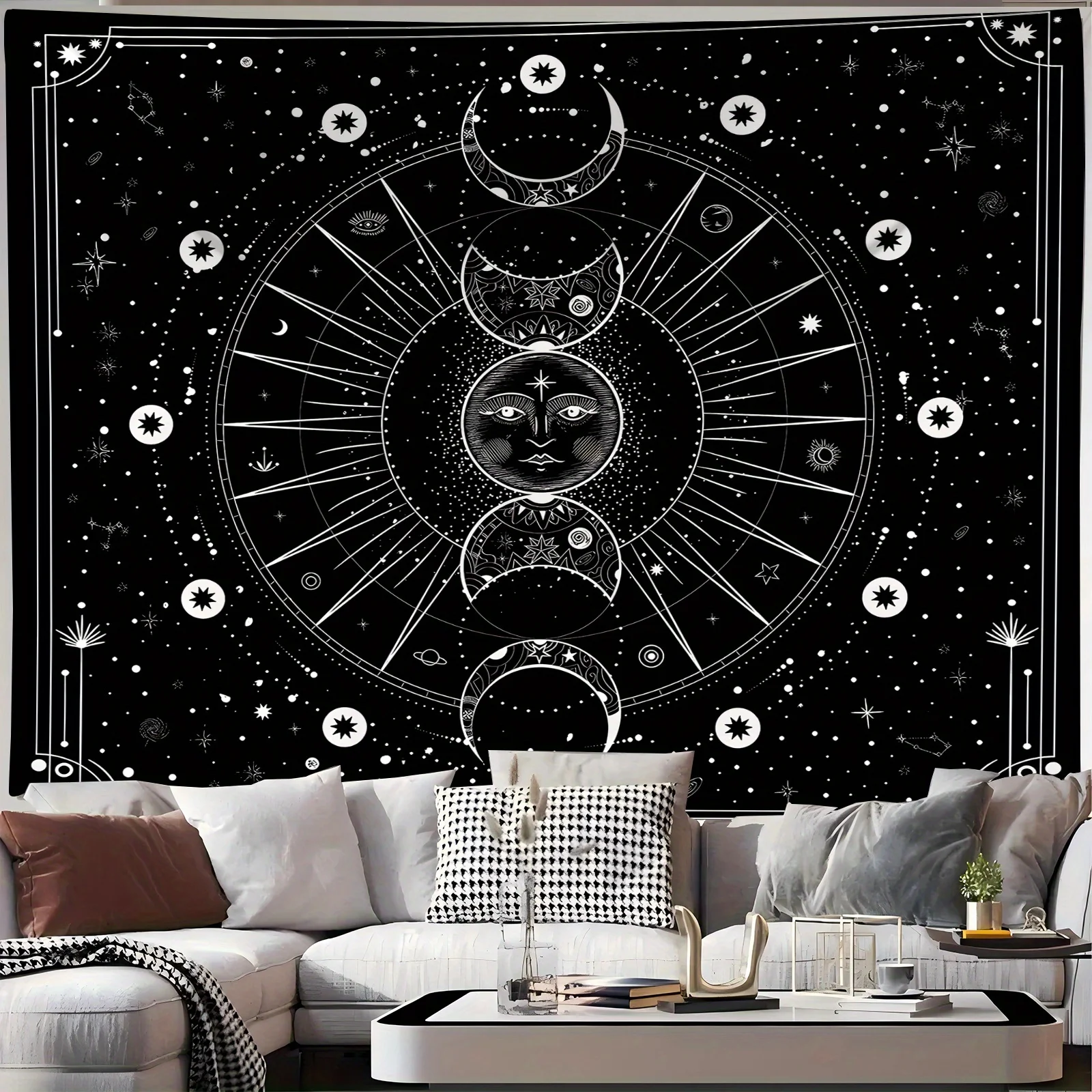 1pc Ramadan Tapestry Star Moon Sun Line Art Print Wide Wall Hanging Tapestry For Bedroom Living Room Dorm Aesthetic Decoration 2