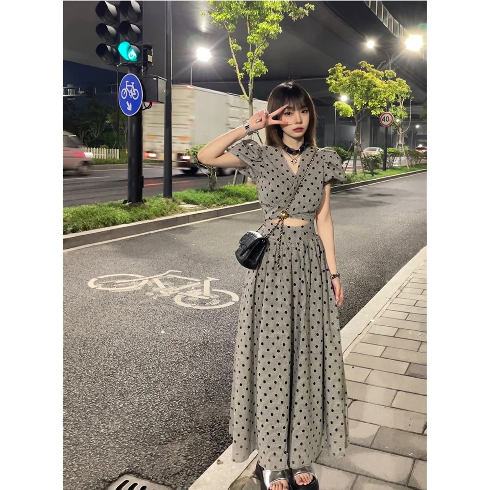 Vintage Women Black Skirt Sets Plaid Dot Print Puff Sleeve V-neck Slim Tops Shirt+High Waist A-Line Long Skirt 2pcs Female Suits