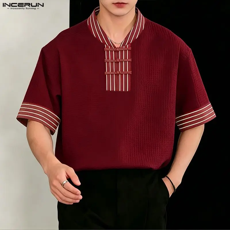 

INCERUN Men's Shirt Striped Patchwork V Neck Short Sleeve Men Clothes Summer Streetwear Loose 2026 Vintage Casual Tops For Man